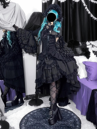 黒のゴシックロリータドレス、フリル付きトランペットスリーブ、長袖フリルロリータドレス