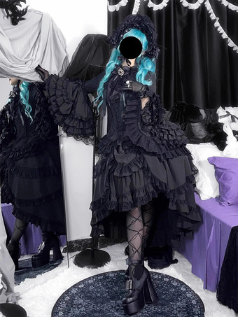 黒のゴシックロリータドレス、フリル付きトランペットスリーブ、長袖フリルロリータドレス