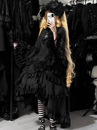 黒のゴシックロリータドレス、フリル付きトランペットスリーブ、長袖フリルロリータドレス