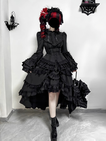 黒のゴシックロリータドレス、フリル付きトランペットスリーブ、長袖フリルロリータドレス
