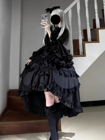 黒のゴシックロリータドレス、フリル付きトランペットスリーブ、長袖フリルロリータドレス