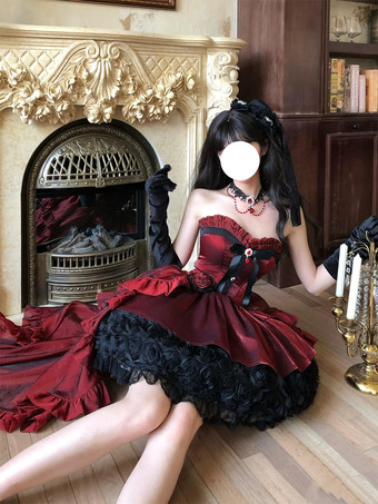 赤いゴシックロリータドレス、スパゲッティストラップのリボン、バラのショートロリータドレス、トレーン付き