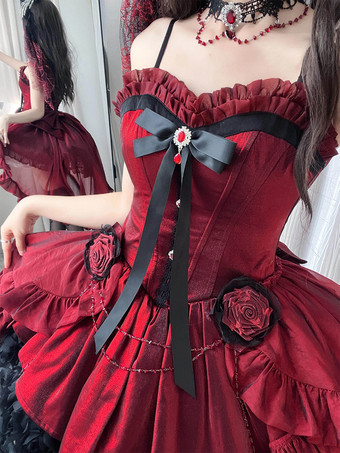 赤いゴシックロリータドレス、スパゲッティストラップのリボン、バラのショートロリータドレス、トレーン付き
