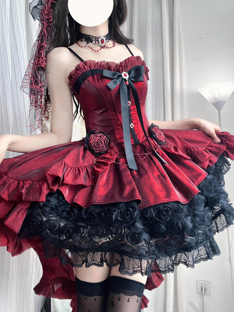 レッド 赤いゴシックロリータドレス、スパゲッティストラップのリボン、バラのショートロリータドレス、トレーン付き