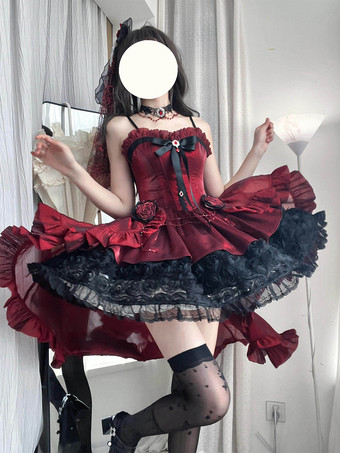 赤いゴシックロリータドレス、スパゲッティストラップのリボン、バラのショートロリータドレス、トレーン付き