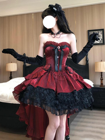赤いゴシックロリータドレス、スパゲッティストラップのリボン、バラのショートロリータドレス、トレーン付き