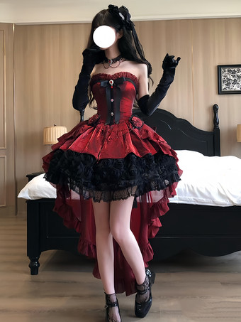 赤いゴシックロリータドレス、スパゲッティストラップのリボン、バラのショートロリータドレス、トレーン付き