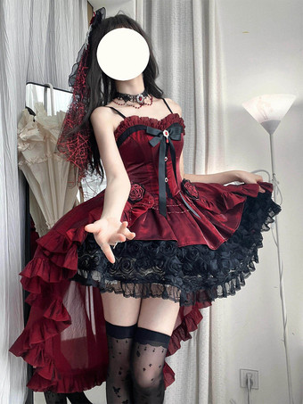 赤いゴシックロリータドレス、スパゲッティストラップのリボン、バラのショートロリータドレス、トレーン付き