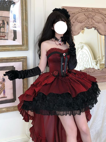 赤いゴシックロリータドレス、スパゲッティストラップのリボン、バラのショートロリータドレス、トレーン付き