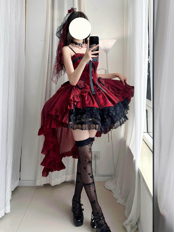 赤いゴシックロリータドレス、スパゲッティストラップのリボン、バラのショートロリータドレス、トレーン付き