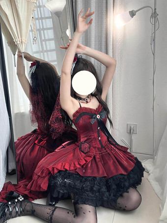 赤いゴシックロリータドレス、スパゲッティストラップのリボン、バラのショートロリータドレス、トレーン付き