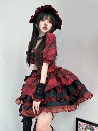 赤いゴシックロリータドレス、ストラップレス、レースアップ、フリル付きロリータドレスセット