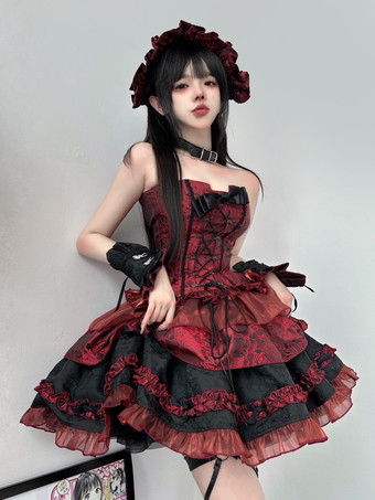 赤いゴシックロリータドレス、ストラップレス、レースアップ、フリル付きロリータドレスセット