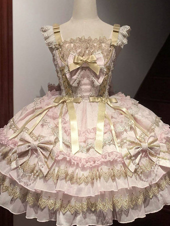 ピンク黒のゴシックロリータドレス、フリル付きJSK、レースアップロリータショートドレス、ヘッドウェア付き