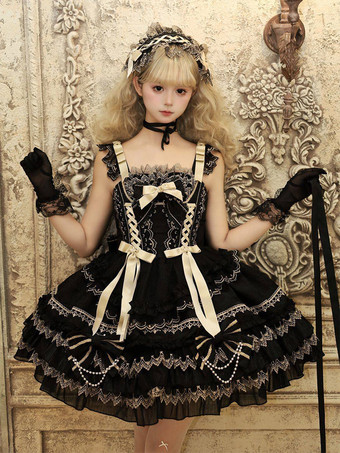 ブラック 黒のゴシックロリータドレス、フリル付きJSK、レースアップロリータショートドレス、ヘッドウェア付き