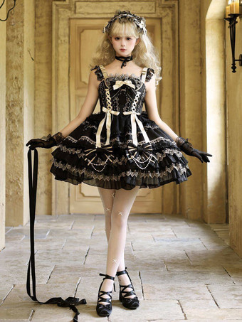黒のゴシックロリータドレス、フリル付きJSK、レースアップロリータショートドレス、ヘッドウェア付き