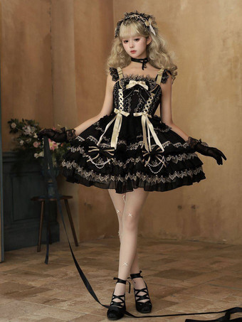 黒のゴシックロリータドレス、フリル付きJSK、レースアップロリータショートドレス、ヘッドウェア付き
