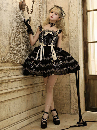 黒のゴシックロリータドレス、フリル付きJSK、レースアップロリータショートドレス、ヘッドウェア付き
