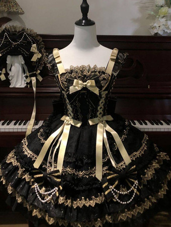 黒のゴシックロリータドレス、フリル付きJSK、レースアップロリータショートドレス、ヘッドウェア付き