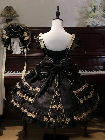 黒のゴシックロリータドレス、フリル付きJSK、レースアップロリータショートドレス、ヘッドウェア付き