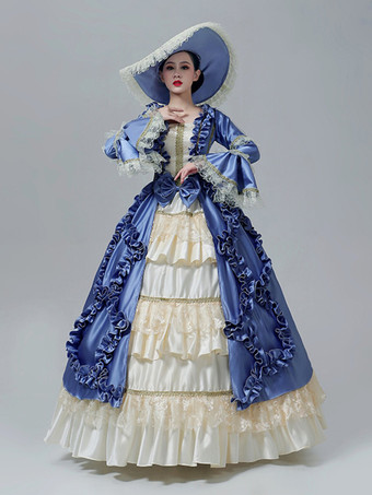ブルー ヴィンテージ ヴィクトリアン ドレス レーストリム スリーブ ギャザー フリル フロア丈 ヴィンテージ ガウン