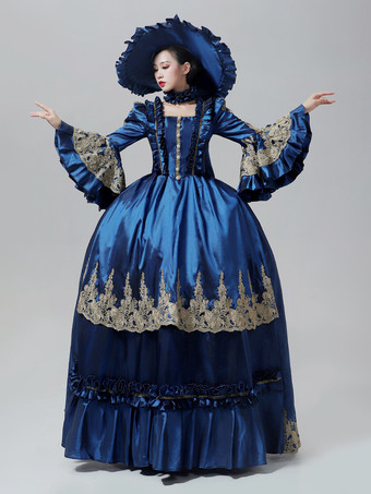 ブルー ブルーのヴィンテージ ヴィクトリアン ドレス ロココ マリー・アントワネット スタイル フレア ロングスリーブ フロア丈 ヴィンテージ ガウン