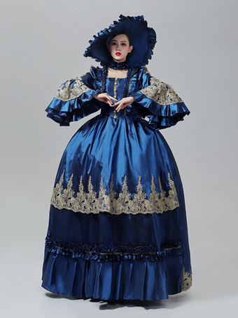 ブルーのヴィンテージ ヴィクトリアン ドレス ロココ マリー・アントワネット スタイル フレア ロングスリーブ フロア丈 ヴィンテージ ガウン