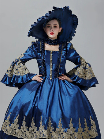 ブルーのヴィンテージ ヴィクトリアン ドレス ロココ マリー・アントワネット スタイル フレア ロングスリーブ フロア丈 ヴィンテージ ガウン