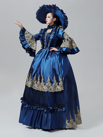 ブルーのヴィンテージ ヴィクトリアン ドレス ロココ マリー・アントワネット スタイル フレア ロングスリーブ フロア丈 ヴィンテージ ガウン