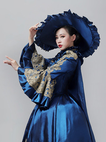 ブルーのヴィンテージ ヴィクトリアン ドレス ロココ マリー・アントワネット スタイル フレア ロングスリーブ フロア丈 ヴィンテージ ガウン