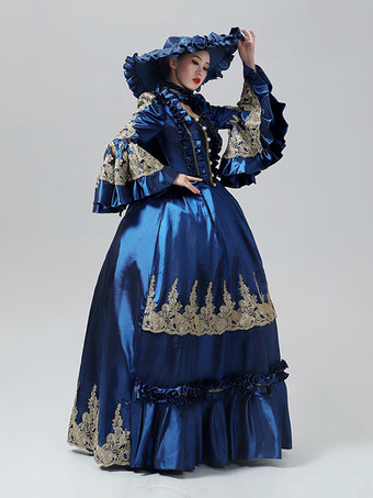 ブルーのヴィンテージ ヴィクトリアン ドレス ロココ マリー・アントワネット スタイル フレア ロングスリーブ フロア丈 ヴィンテージ ガウン