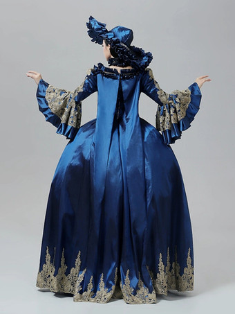 ブルーのヴィンテージ ヴィクトリアン ドレス ロココ マリー・アントワネット スタイル フレア ロングスリーブ フロア丈 ヴィンテージ ガウン