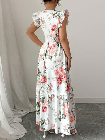 花柄マキシドレス（女性用） - スモックウエスト、Vネック、ティアードサマードレス - 夏の結婚式ゲストパーティー 2026