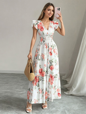 花柄マキシドレス（女性用） - スモックウエスト、Vネック、ティアードサマードレス - 夏の結婚式ゲストパーティー 2026