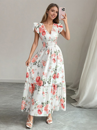 花柄マキシドレス（女性用） - スモックウエスト、Vネック、ティアードサマードレス - 夏の結婚式ゲストパーティー 2026