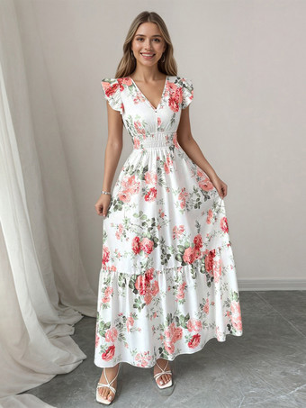 ご参考ください 花柄マキシドレス（女性用） - スモックウエスト、Vネック、ティアードサマードレス - 夏の結婚式ゲストパーティー 2026