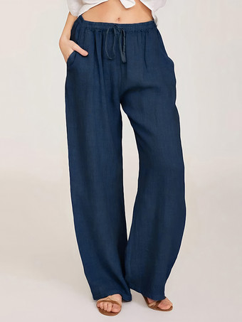 ダークネイビーレディースワイドレッグパンツ - カジュアルでゆったりとしたドローストリング付きゴムウエストパンツ - 夏のビーチバケーション 2026