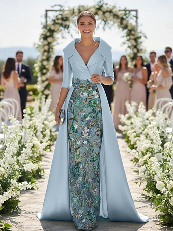 ベビーブルー花嫁の母のためのパーティードレス Vネック 3/4丈袖 Aライン レース ウェディングゲストドレス