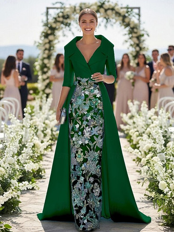 ダークグリーン花嫁の母のためのパーティードレス Vネック 3/4丈袖 Aライン レース ウェディングゲストドレス