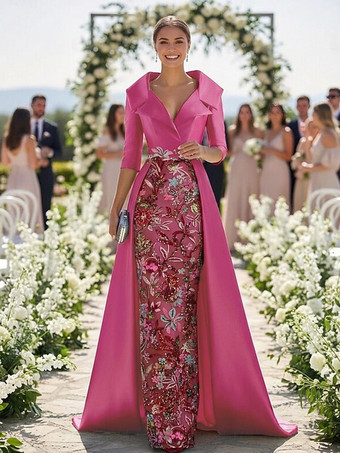 ローズレッド花嫁の母のためのパーティードレス Vネック 3/4丈袖 Aライン レース ウェディングゲストドレス