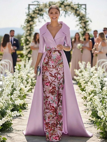 ライラック花嫁の母のためのパーティードレス Vネック 3/4丈袖 Aライン レース ウェディングゲストドレス