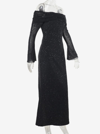 グリッターオフショルダーマキシドレス（女性用） - キラキラメッシュ長袖マーメイドガウン - 2026年春のガライブニングパーティー衣装