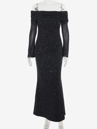 グリッターオフショルダーマキシドレス（女性用） - キラキラメッシュ長袖マーメイドガウン - 2026年春のガライブニングパーティー衣装