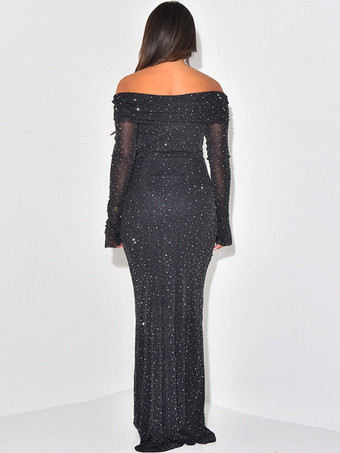 グリッターオフショルダーマキシドレス（女性用） - キラキラメッシュ長袖マーメイドガウン - 2026年春のガライブニングパーティー衣装