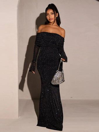 グリッターオフショルダーマキシドレス（女性用） - キラキラメッシュ長袖マーメイドガウン - 2026年春のガライブニングパーティー衣装