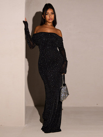 ブラック グリッターオフショルダーマキシドレス（女性用） - キラキラメッシュ長袖マーメイドガウン - 2026年春のガライブニングパーティー衣装