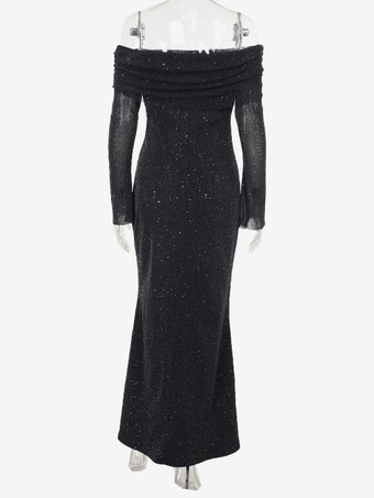 グリッターオフショルダーマキシドレス（女性用） - キラキラメッシュ長袖マーメイドガウン - 2026年春のガライブニングパーティー衣装