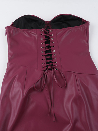 フェイクレザーコルセットドレス（女性用） - ワインレッドのゴシック調レースアップバックギャザーロングドレス - 2026年夏のクラブナイト衣装