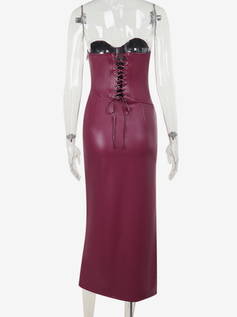 フェイクレザーコルセットドレス（女性用） - ワインレッドのゴシック調レースアップバックギャザーロングドレス - 2026年夏のクラブナイト衣装