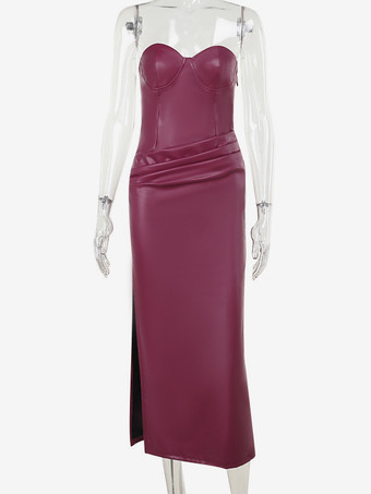 フェイクレザーコルセットドレス（女性用） - ワインレッドのゴシック調レースアップバックギャザーロングドレス - 2026年夏のクラブナイト衣装